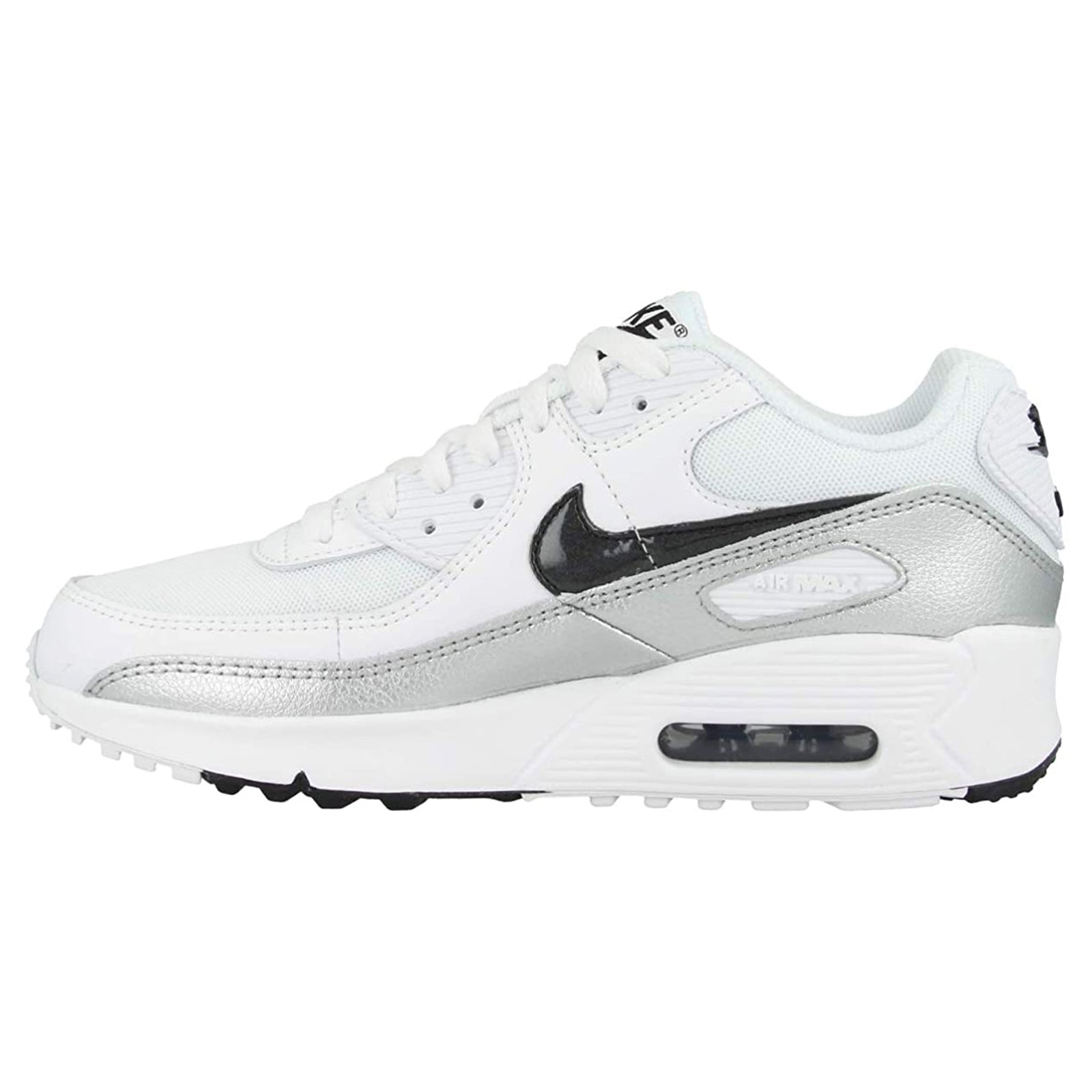 Nike Air Max 90 GS CZ5867-100 Leather Textile Youth Trainers - White Black - 36#color_white black