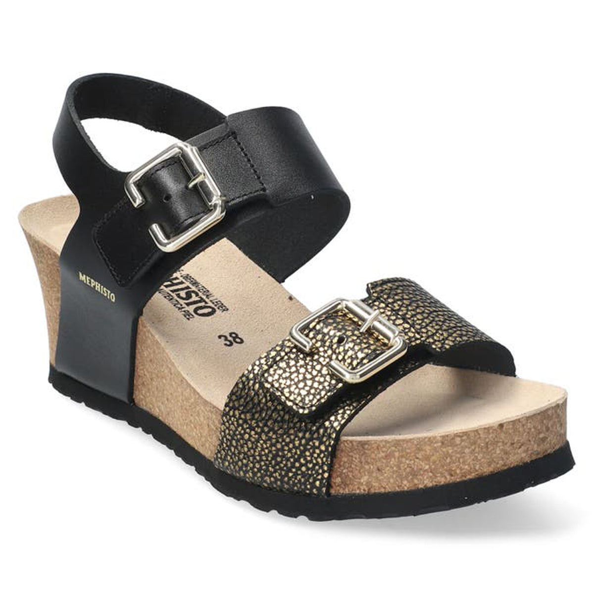 Mephisto Lissandra P5141920 Smooth Printed Leather Womens Sandals - Black - 39#color_black