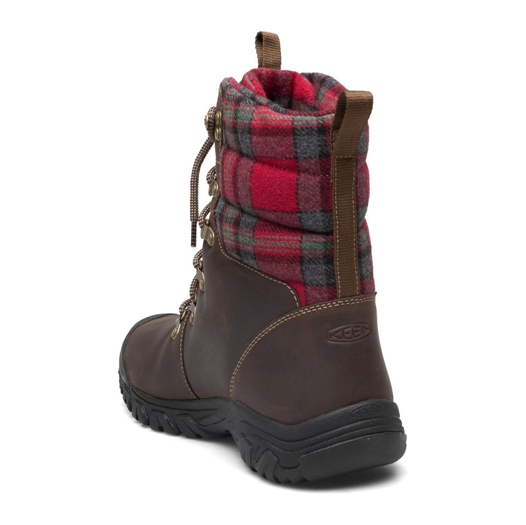 Keen Greta Leather Textile Insulated Women's Winter Hiking Boots#color_dark brown red plaid