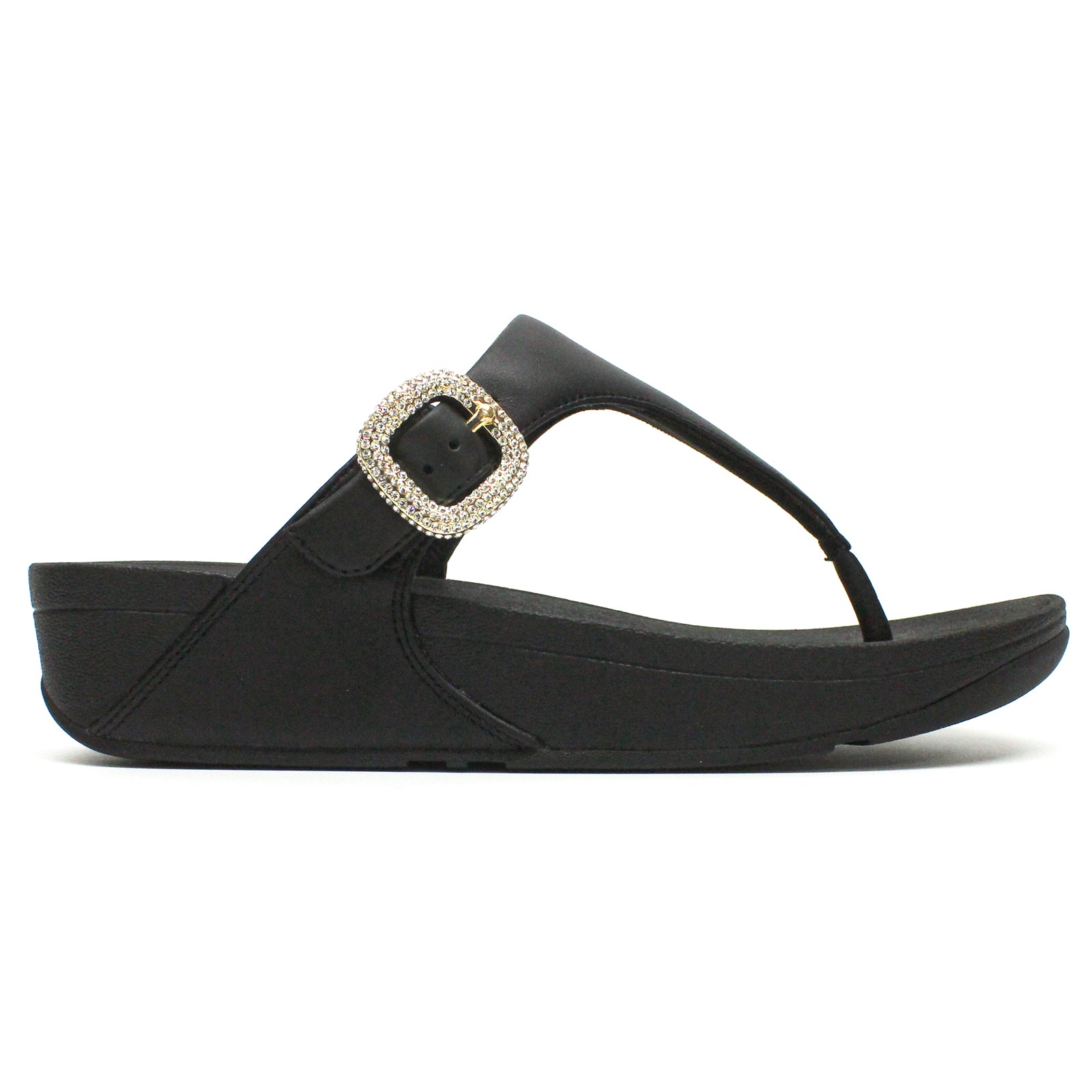 FitFlop Lulu Crystal Buckle Toe Post Leather Womens Sandals#color_black